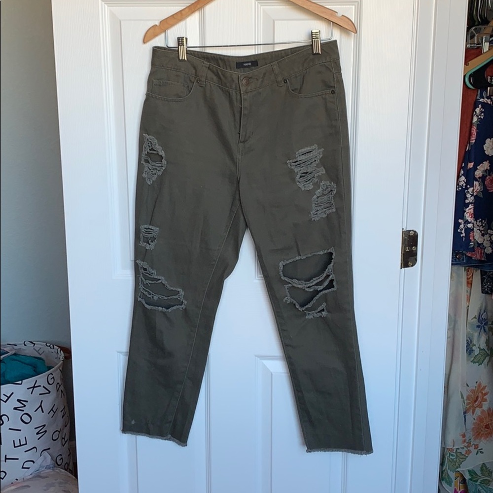 Army green high waisted distressed pants